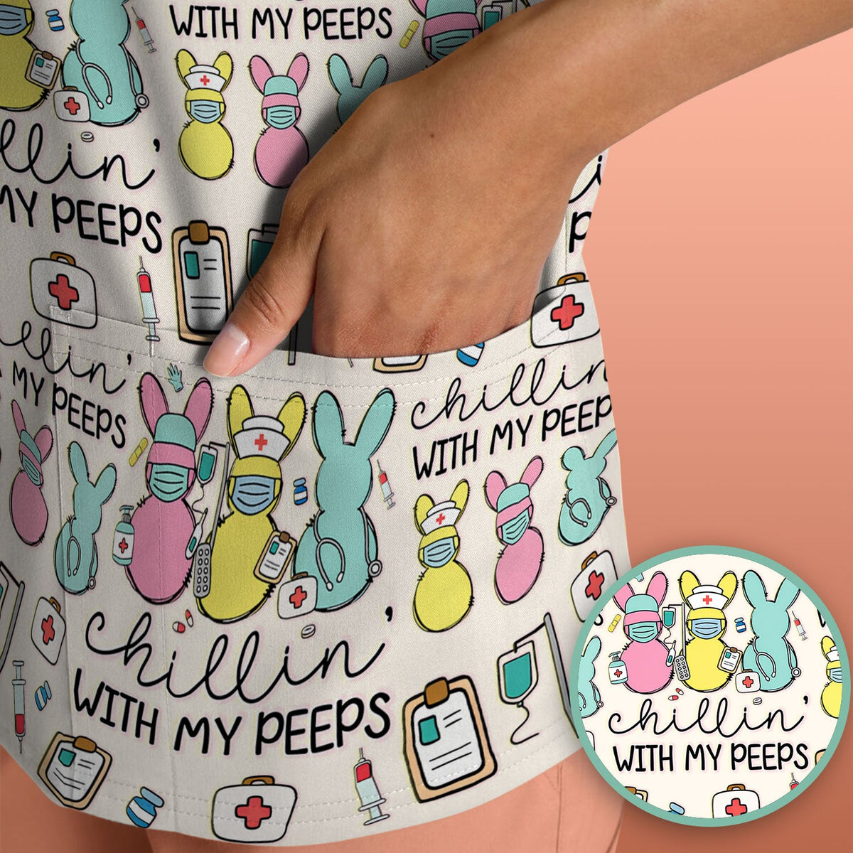 Bunny Nurse Chillin With My Peeps Scrub Top - Easter Gift