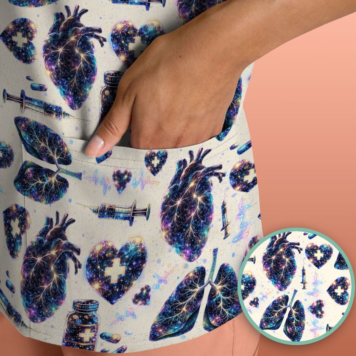 Galaxy Anatomical Heart Lung Syringe Nurse Scrub Top