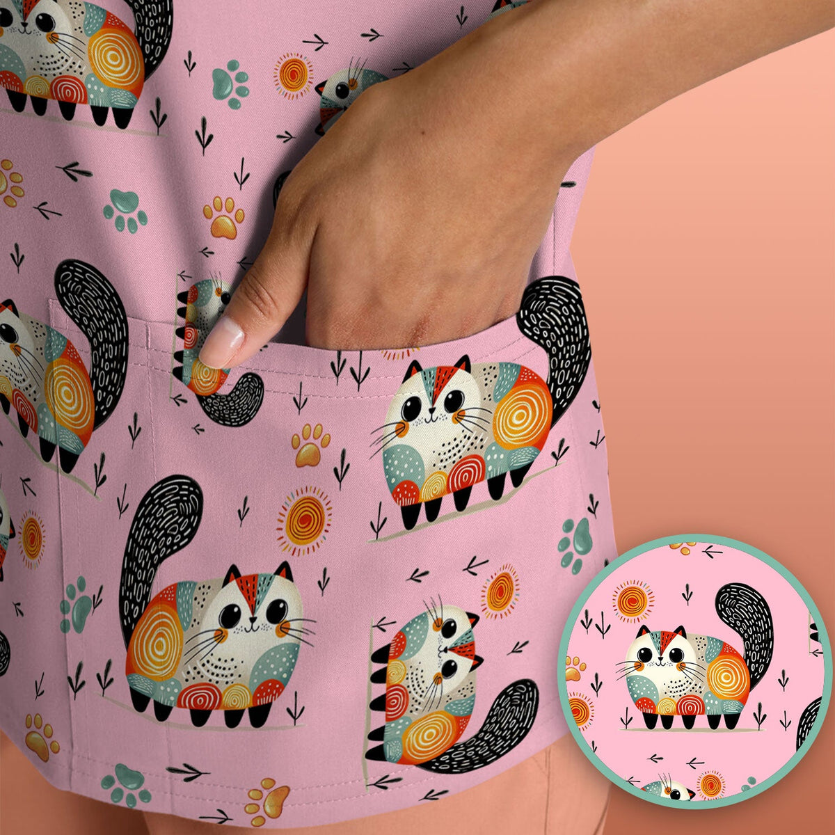Cat Illustration Nurse Scrub Top