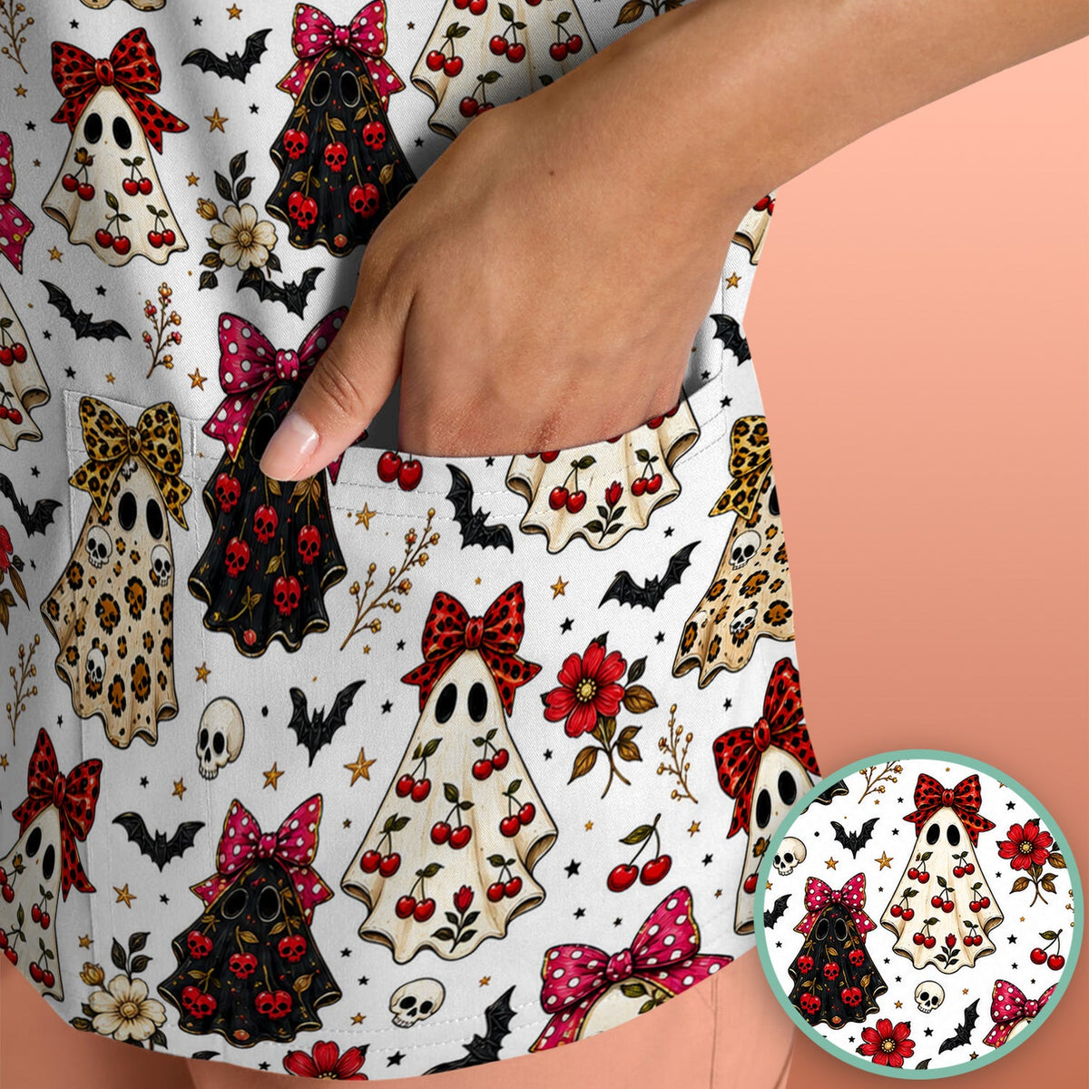 Spooky Ghost Pattern Nurse Scrub Top