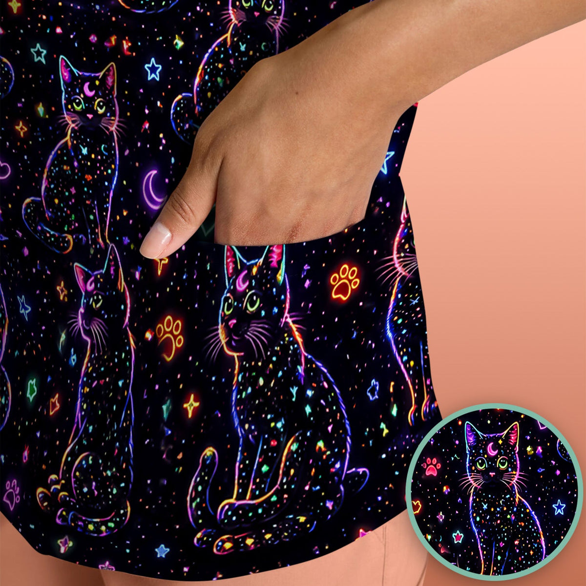 Mystical Cosmic Moon Cat Nurse Scrub Top