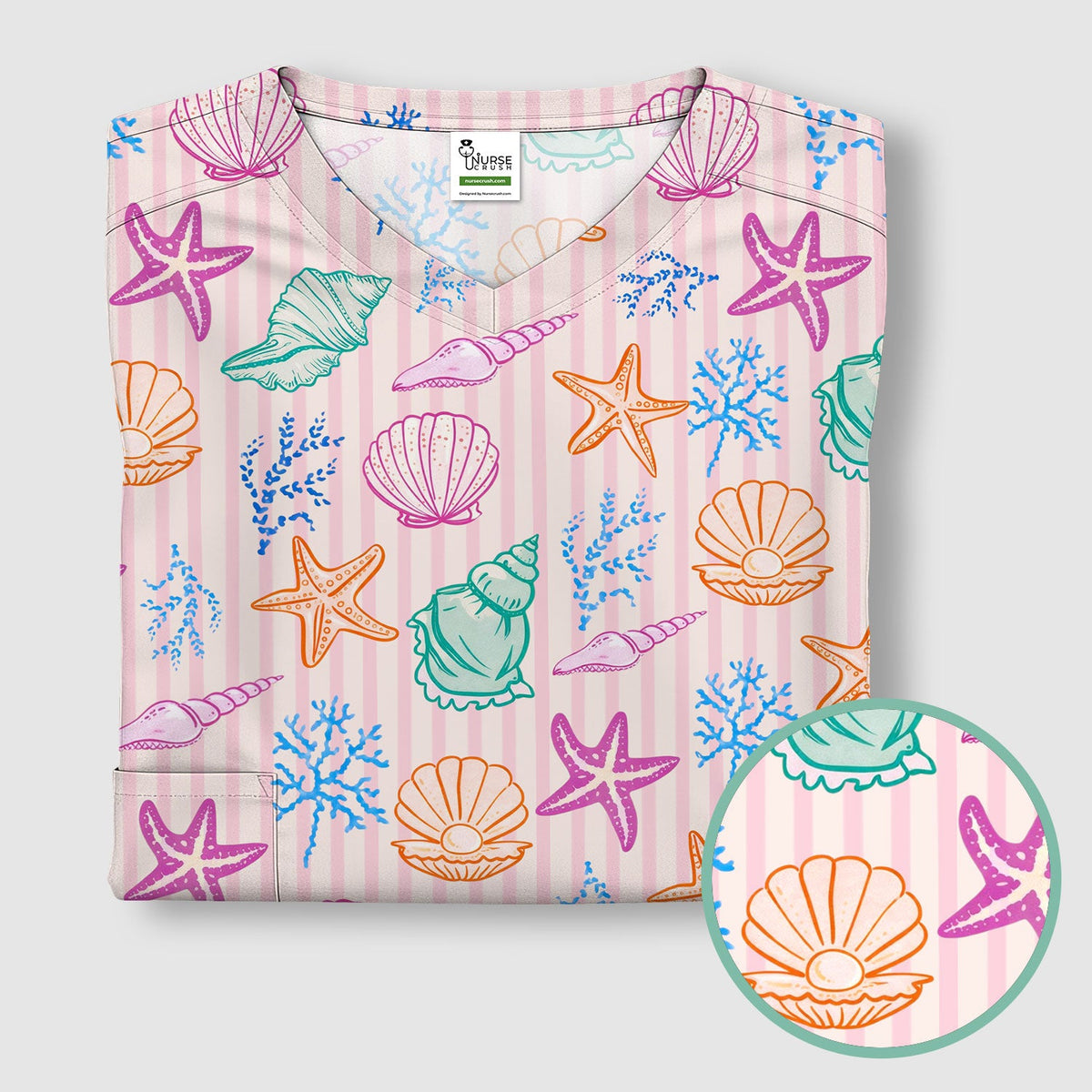 Colorful Seashell Starfish Ocean Stripe Nurse Scrub Top