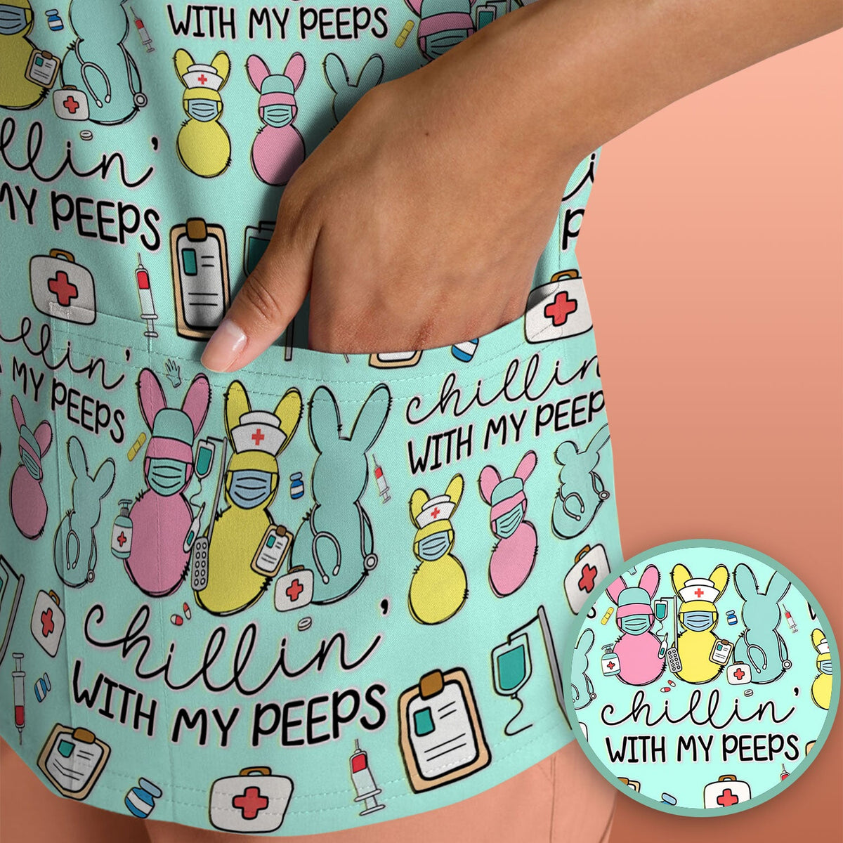 Bunny Nurse Chillin With My Peeps Scrub Top - Easter Gift