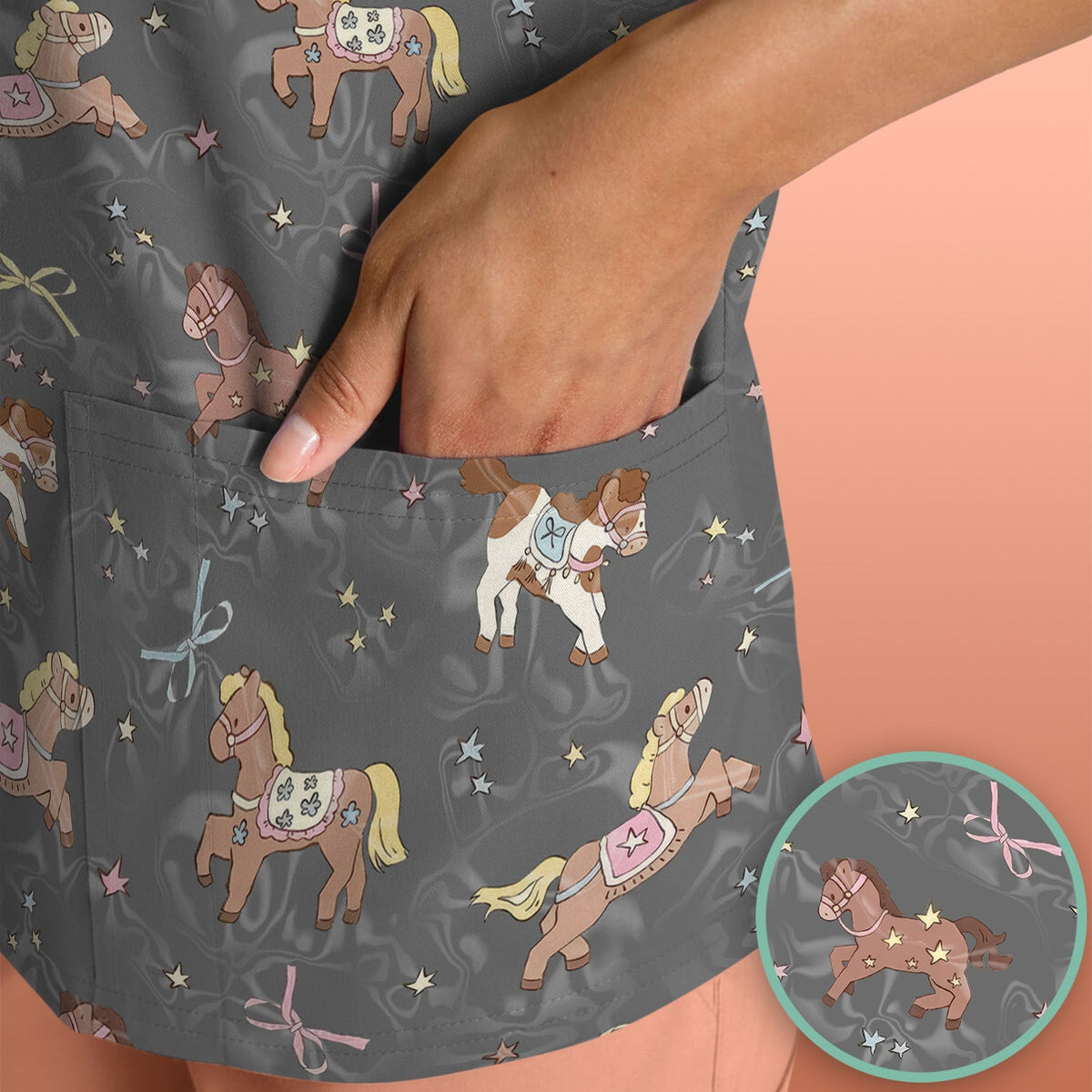 Cute Pony Star Pattern Scrub Top, Comfortable Scrubs for Nurses