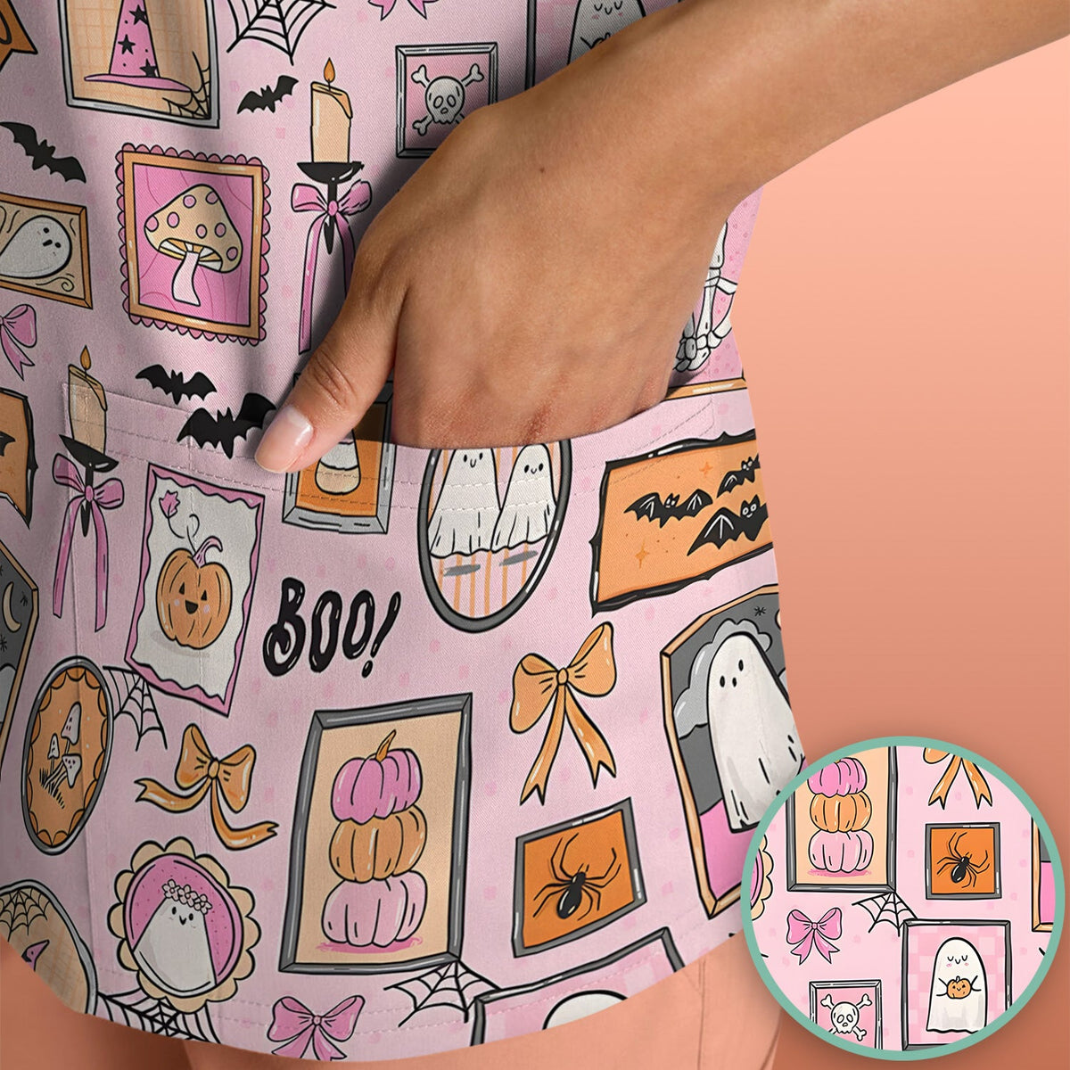 Pink Halloween Ghost Gallery Nurse Scrub Top