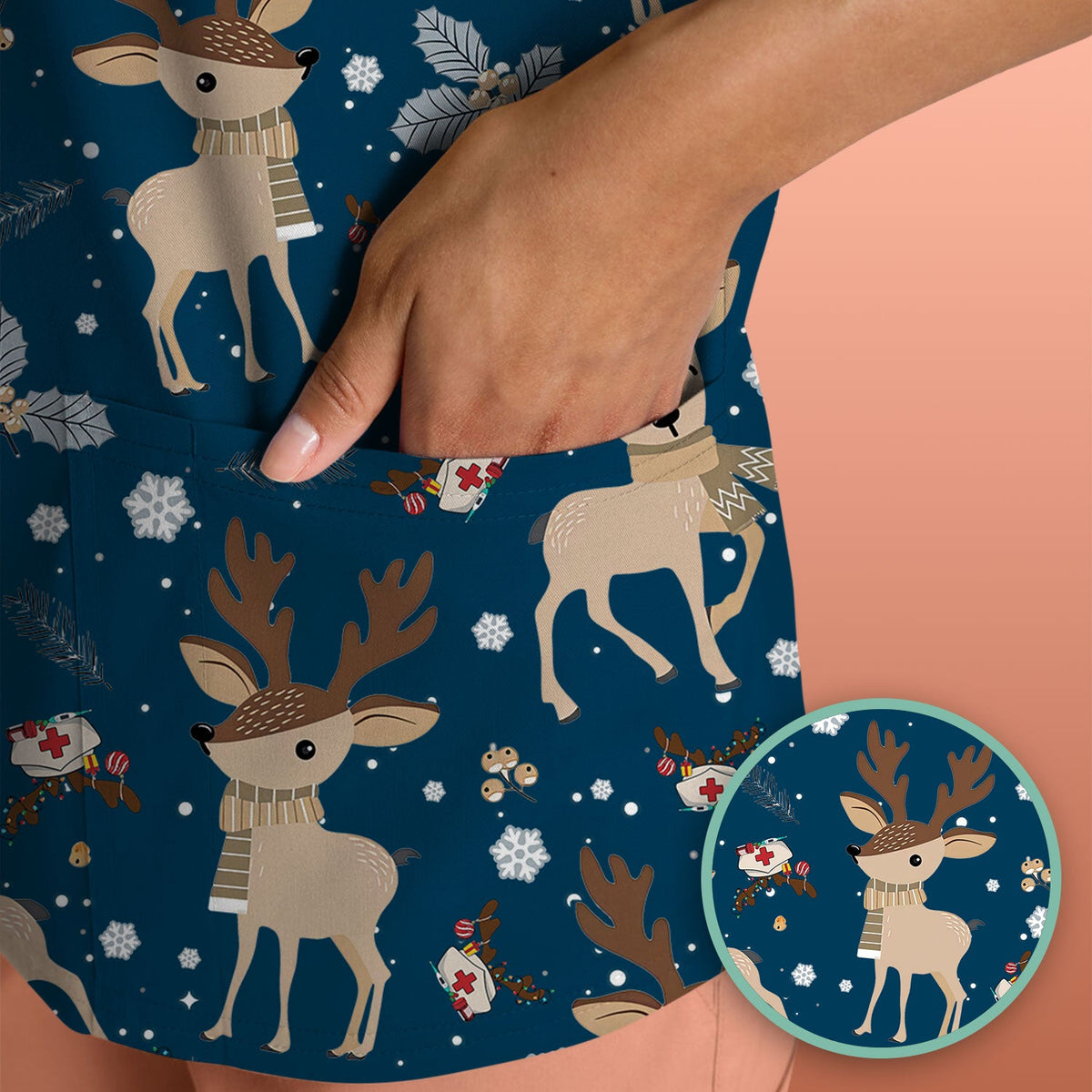 Reindeer Christmas Scrub Top - Cozy Beige Holiday Nurse Shirt with Cute Deer Pattern - Festive Medical Scrubs for Women RN CNA LPN