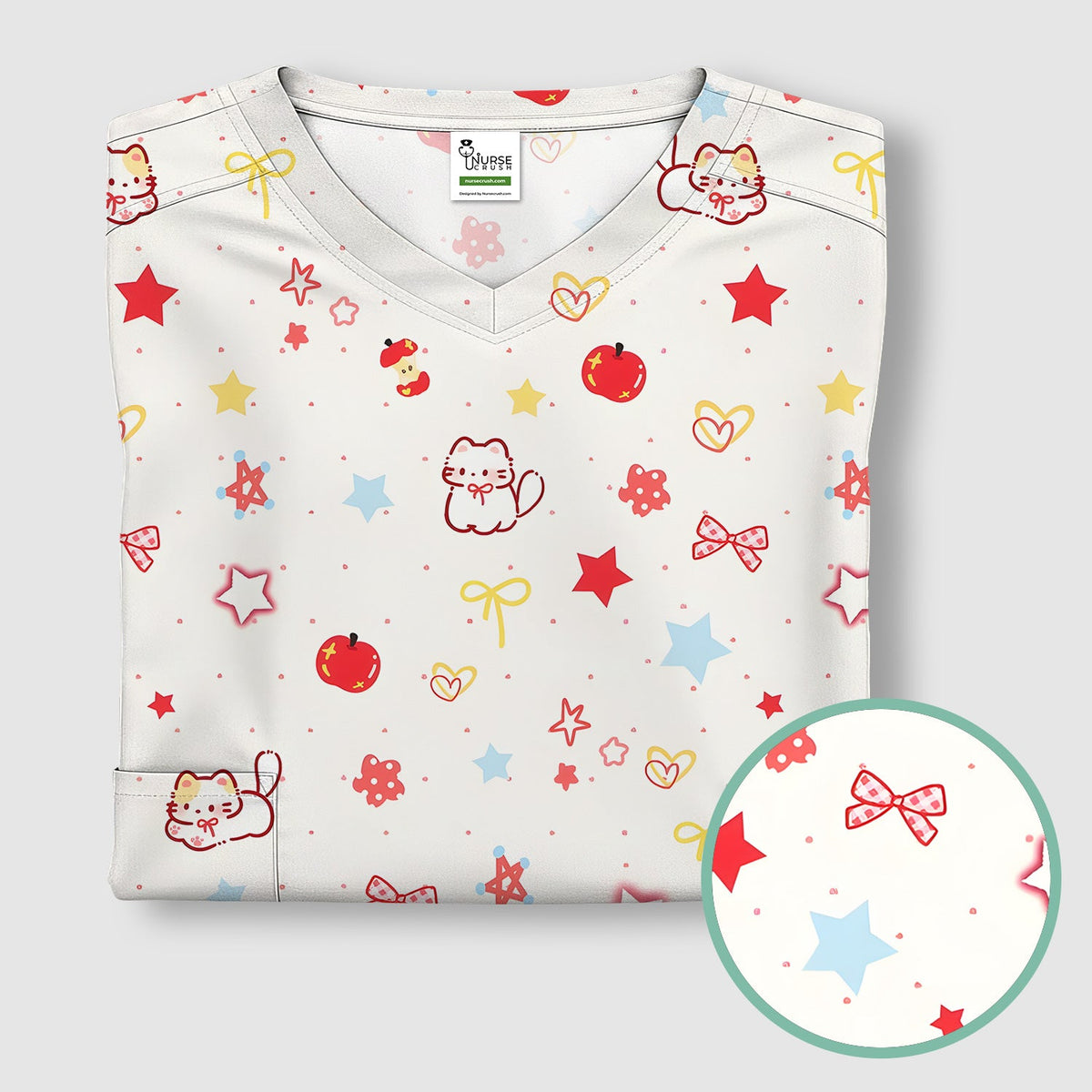 Kawaii Cat Bow Star Nurse Scrub Top