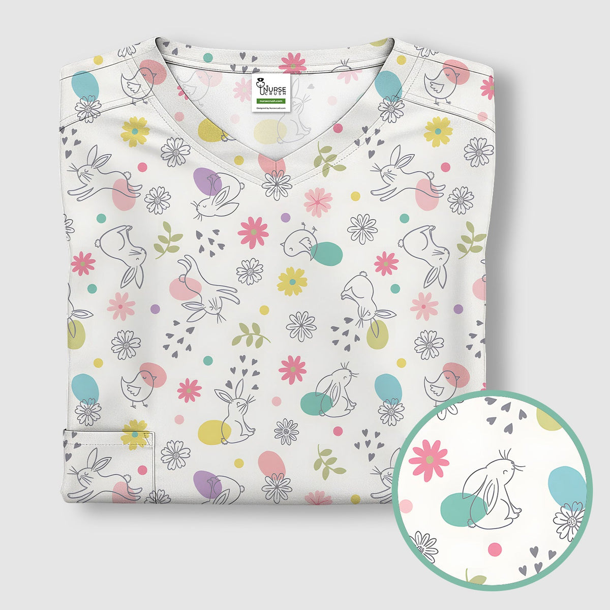Whimsical Easter Bunny Eggs Nurse Scrub Top