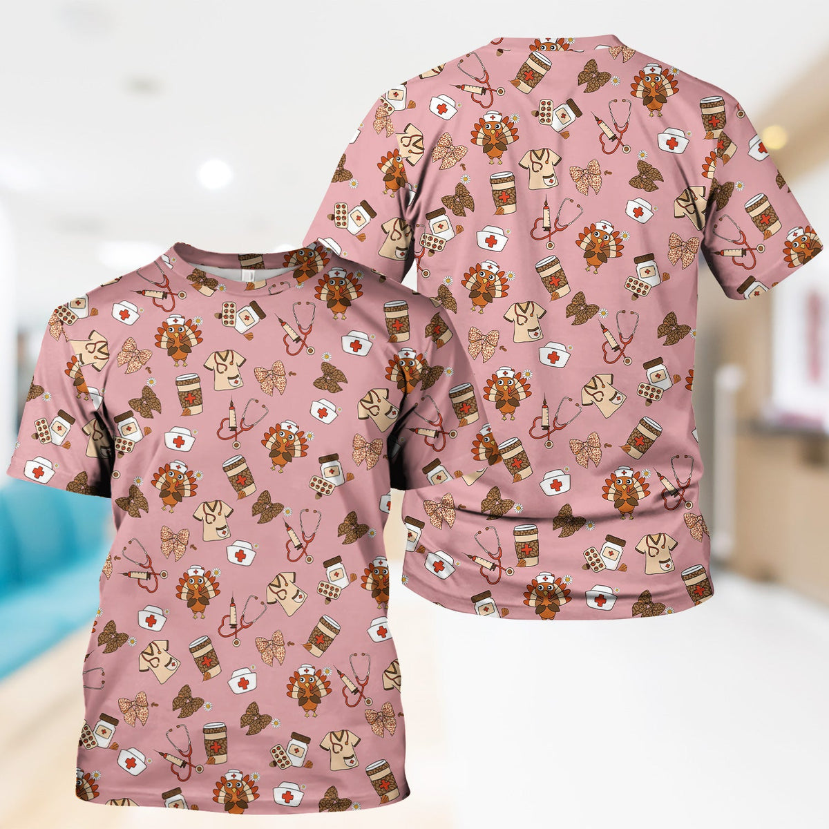 Cute Nurse Fall Season Scrub Top - Thanksgiving Turkey & Stethoscope Medical Design  - Gift for RN LPN CNA