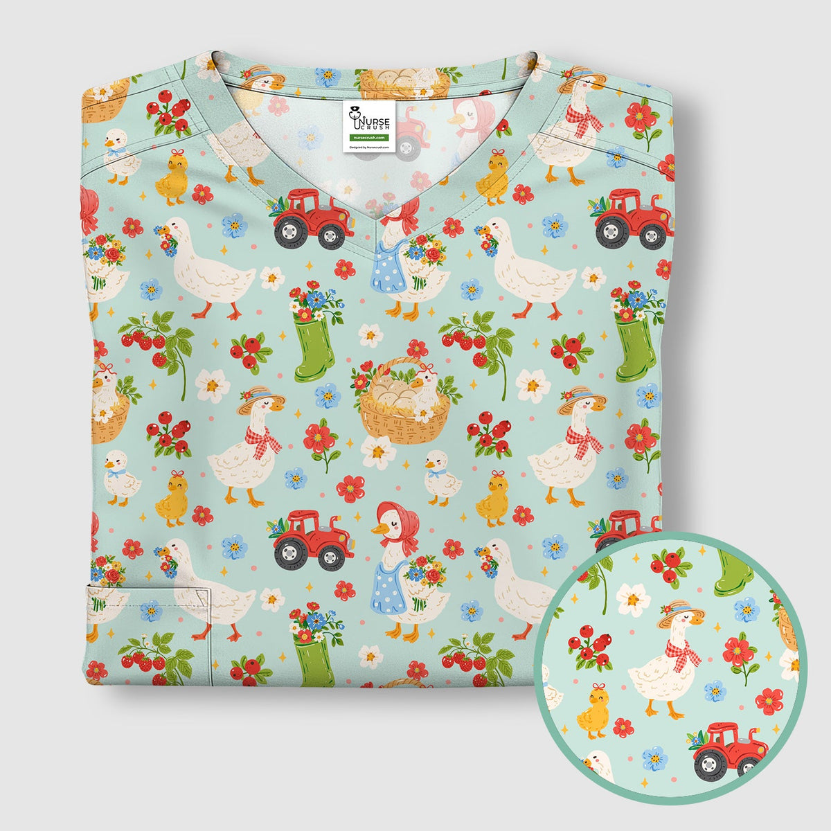 Farm Duck Chicken Tractor Flower Basket Nurse Scrub Top