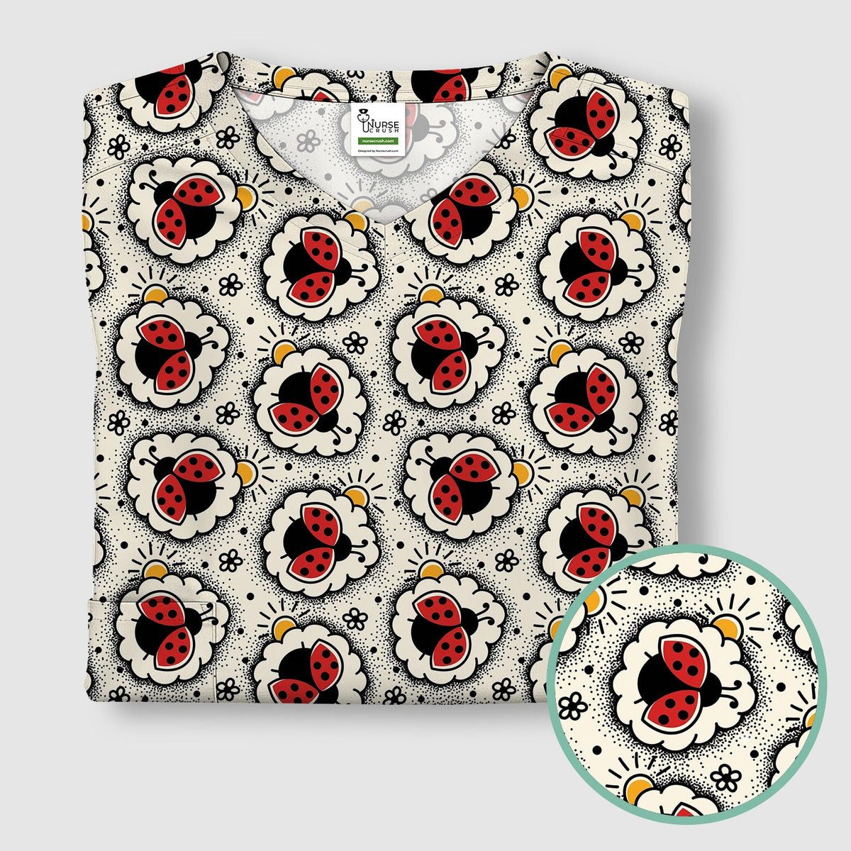 Ladybug Floral Frame Nurse Scrub Top