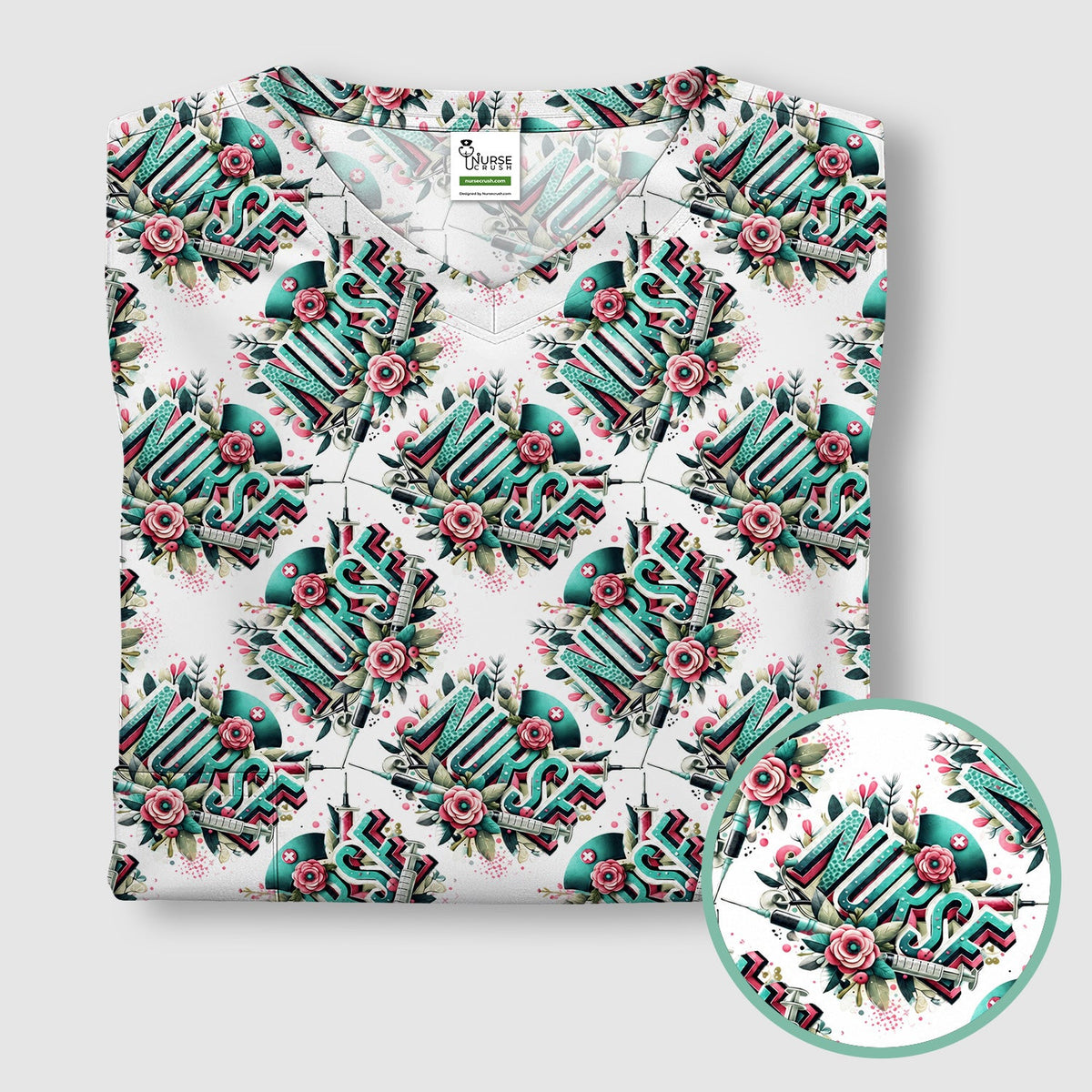 Typography Floral Nurse Scrub Top