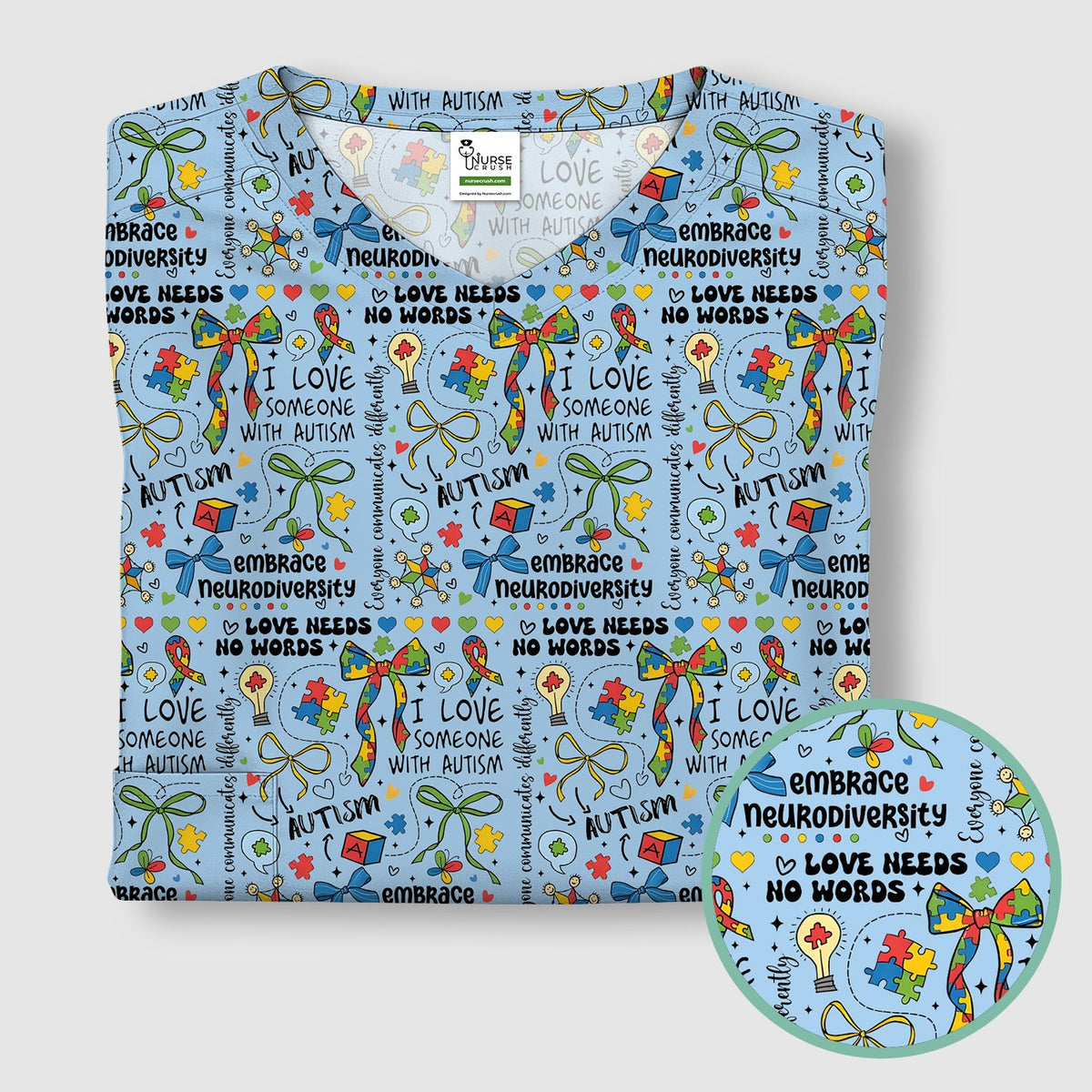 Autism Awareness Puzzle Ribbon Pastel Nurse Scrub Top