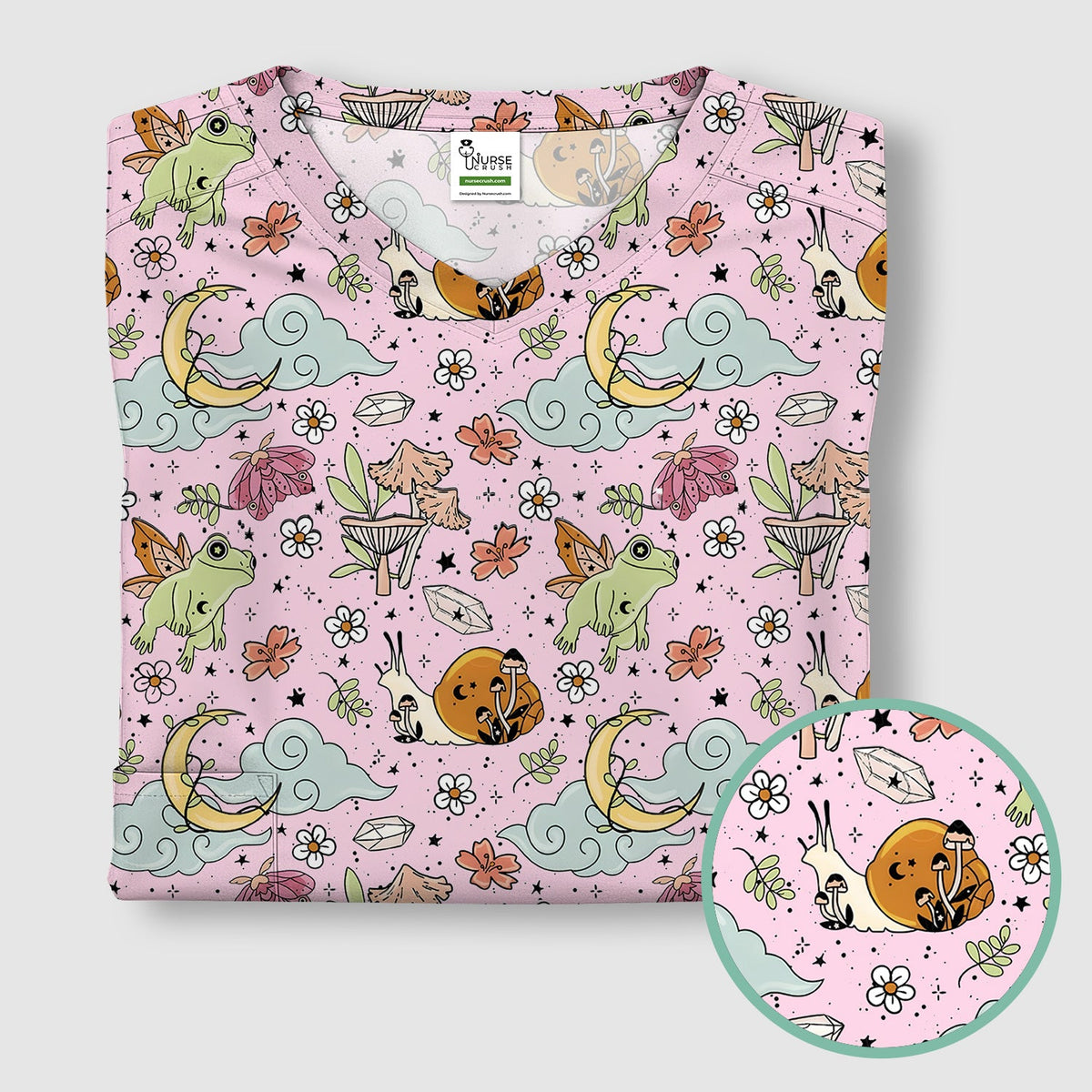 Whimsical Frog Moon Mushroom Nurse Scrub Top