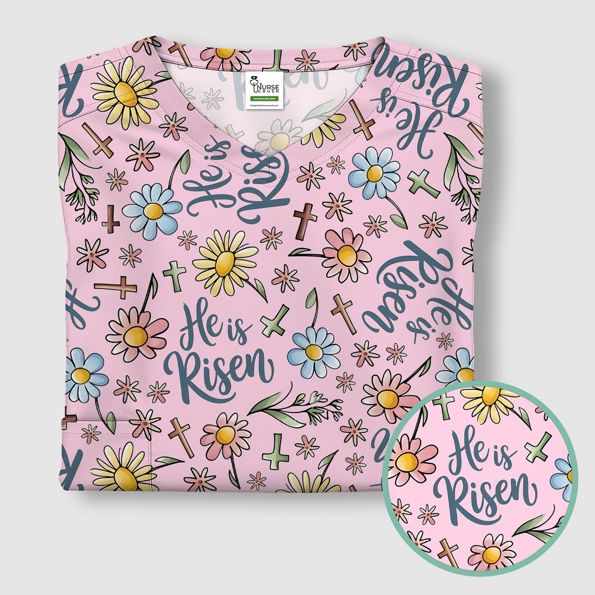 Risen Cross Flower Nurse Scrub Top - Easter Gift