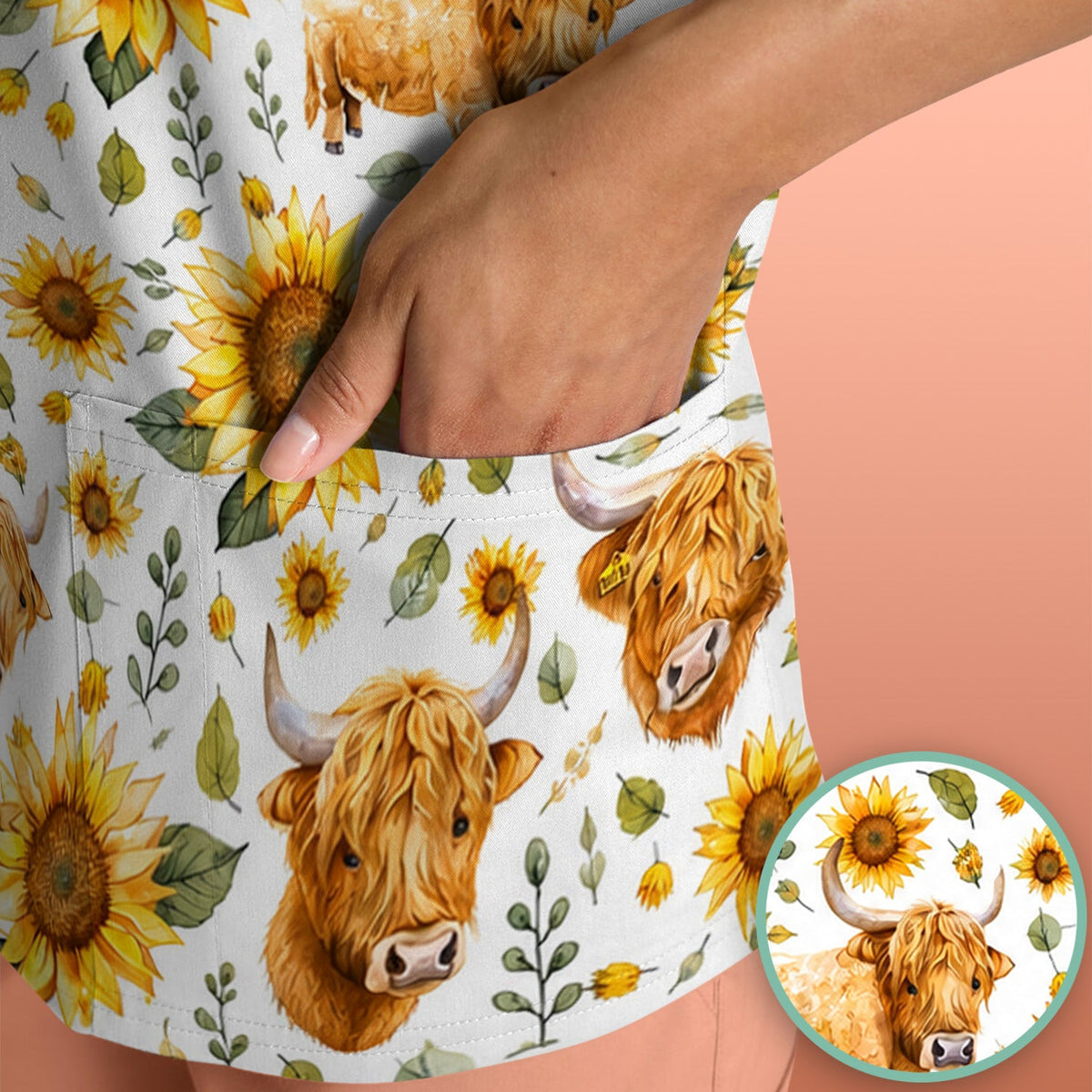 Highland Cow Sunflower Pattern Nurse Scrub Top