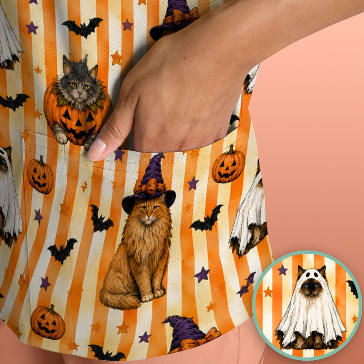 Cat Print Nurse Scrub Top - Halloween Gift