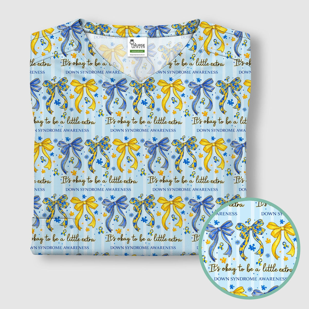 Down Syndrome Awareness Ribbon Pattern Scrub Top Comfortable Nurse Workwear Top