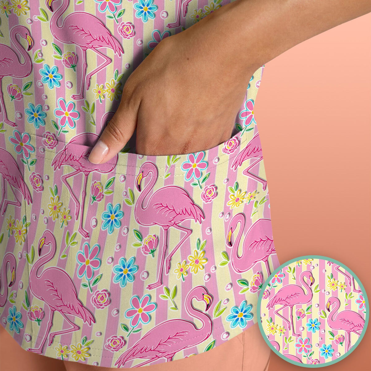Pink Flamingo Flower Stripe Nurse Scrub Top