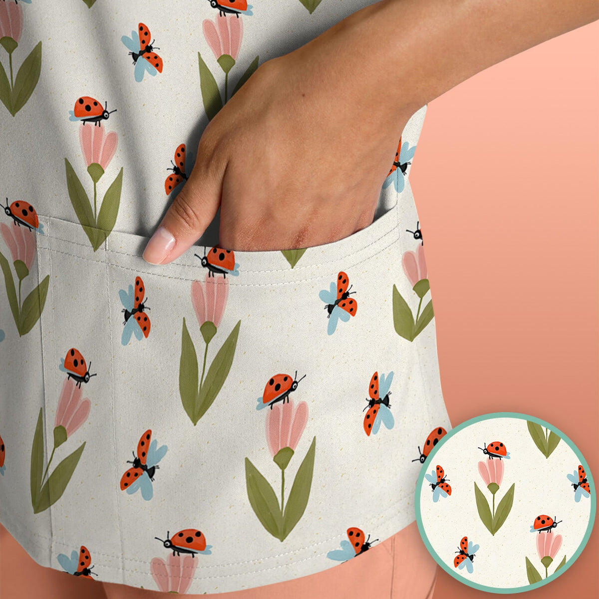 Ladybug Tulip Floral Nurse Scrub Top