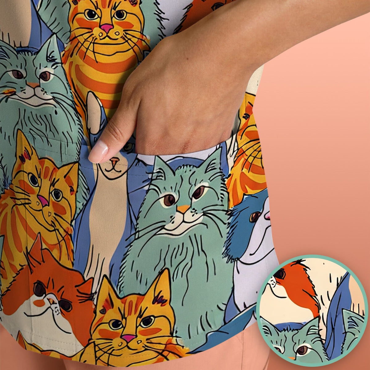 Multicolor Cat Faces Nurse Scrub Top