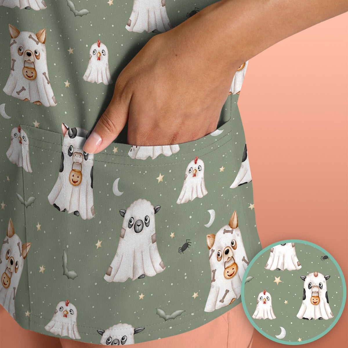 Spooky Farm Animal Ghost Nurse Scrub Top