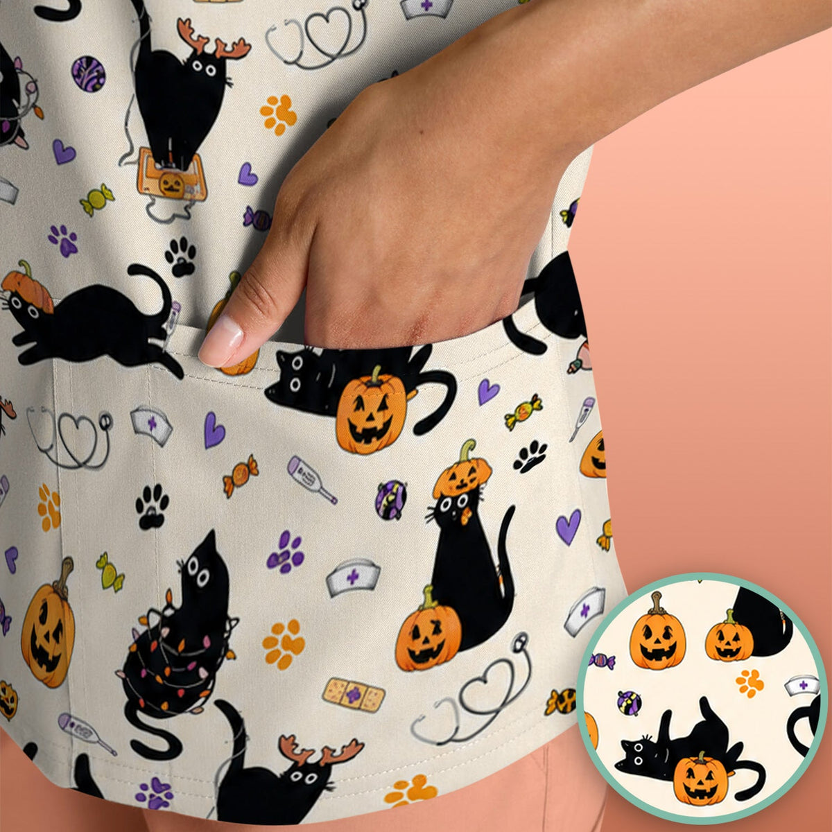 Pumpkin Black Cat Nurse Scrub Top