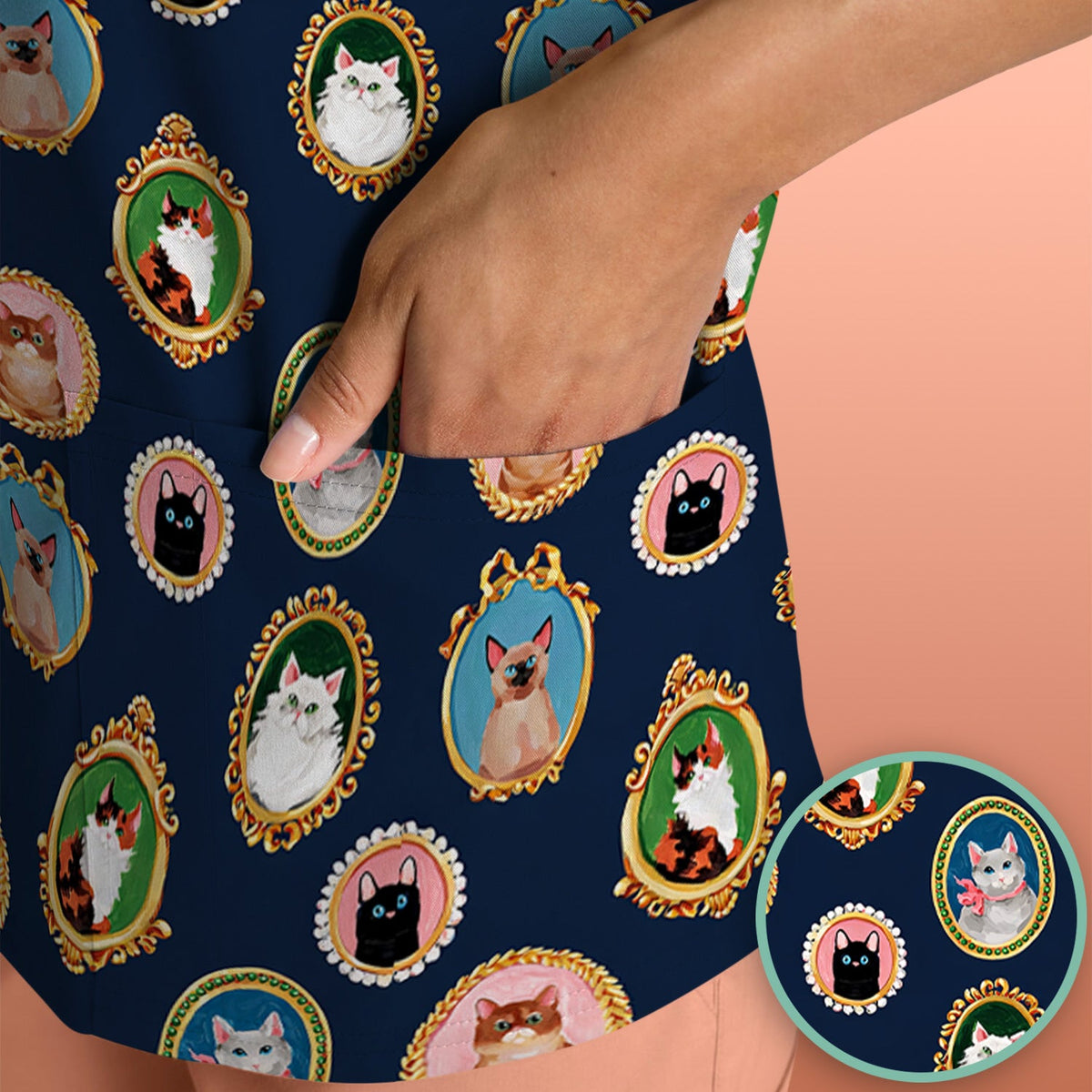Vintage Cat Portrait Nurse Scrub Top