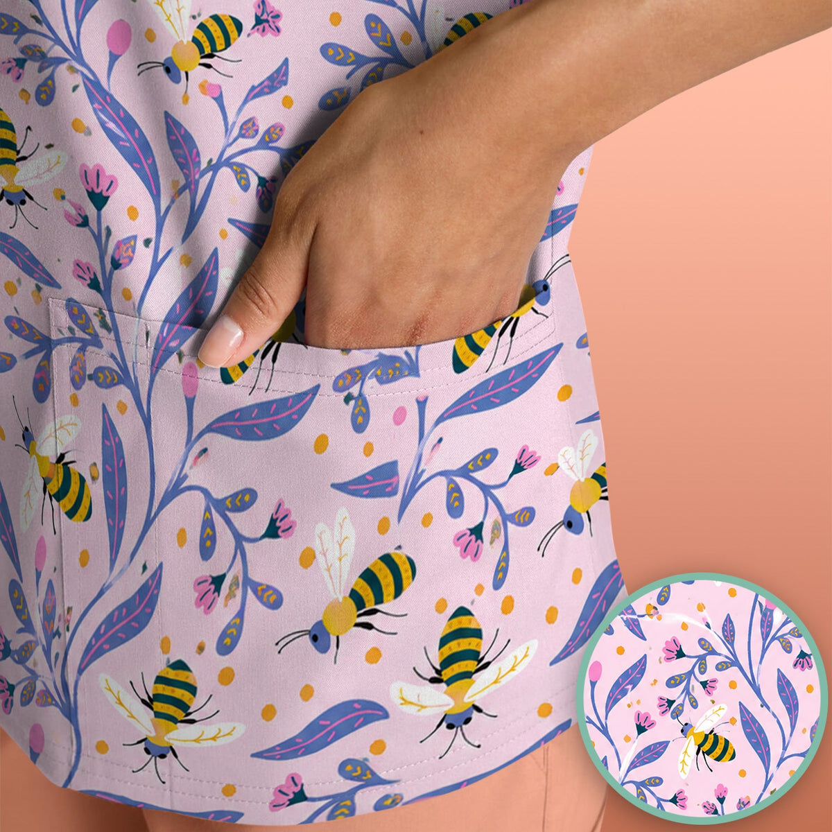Cute Bumble Bee Floral Nurse Scrub Top