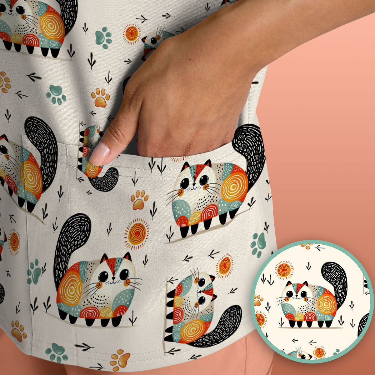 Cat Illustration Nurse Scrub Top