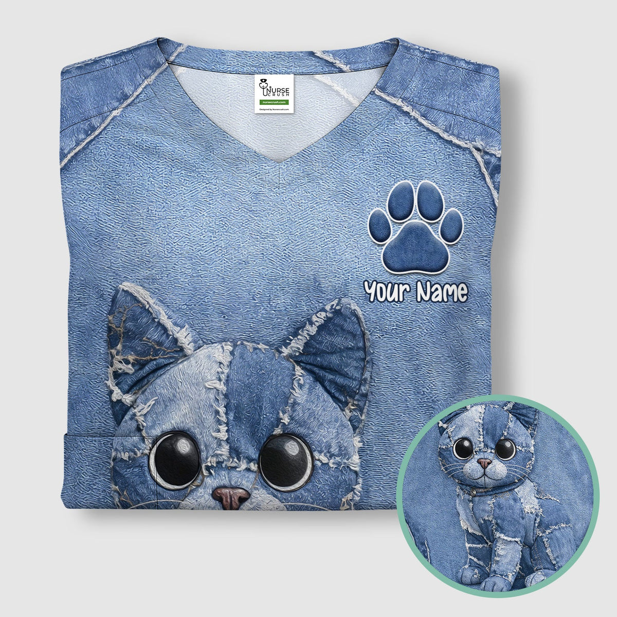 Personalized Patchwork Denim Cat Nurse Scrub Top