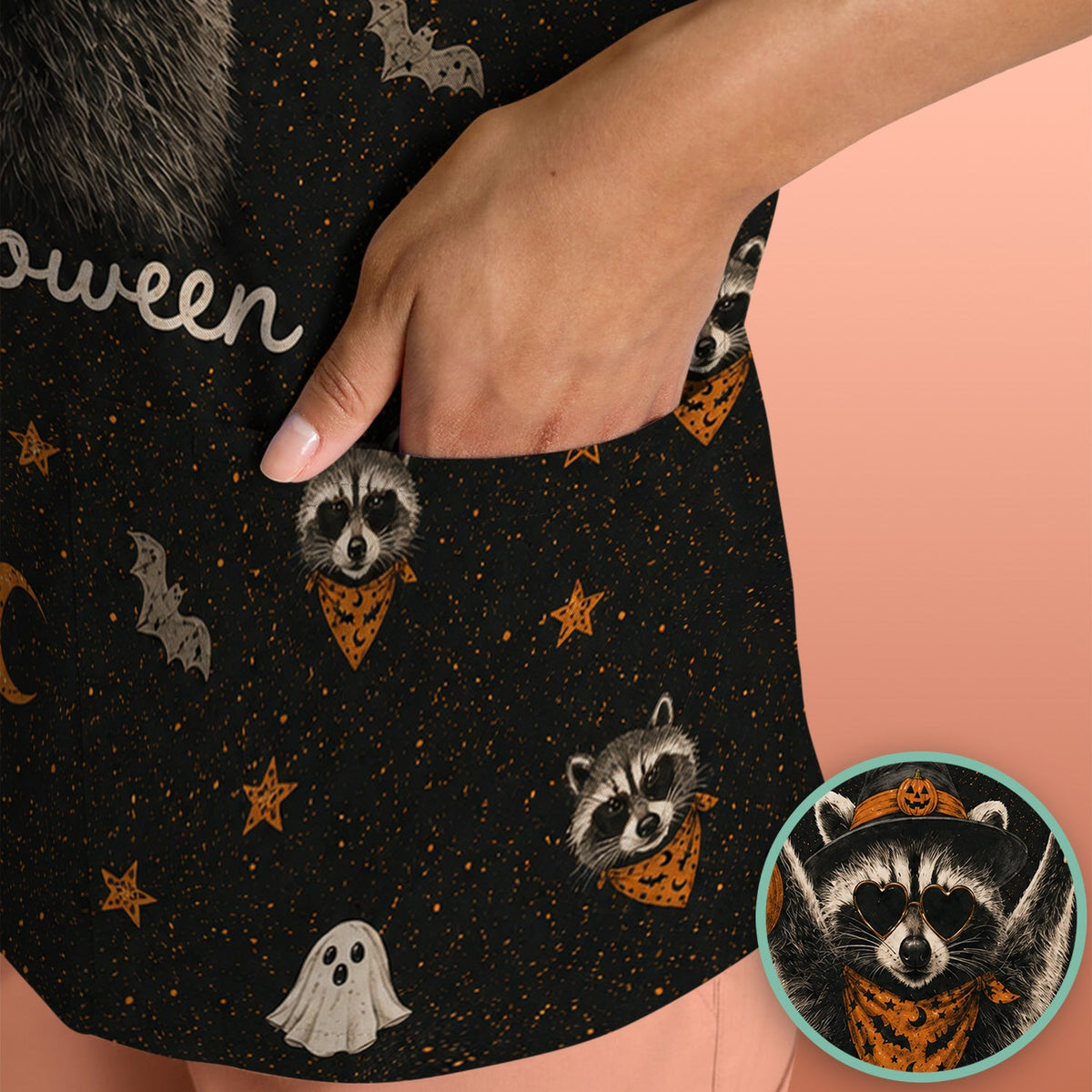 Ghost Pumpkin Raccoon Nurse Scrub Top - Halloween Gift