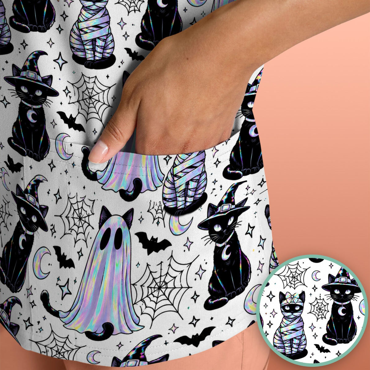 Ghost Witch Cat Nurse Scrub Top - Halloween Gift