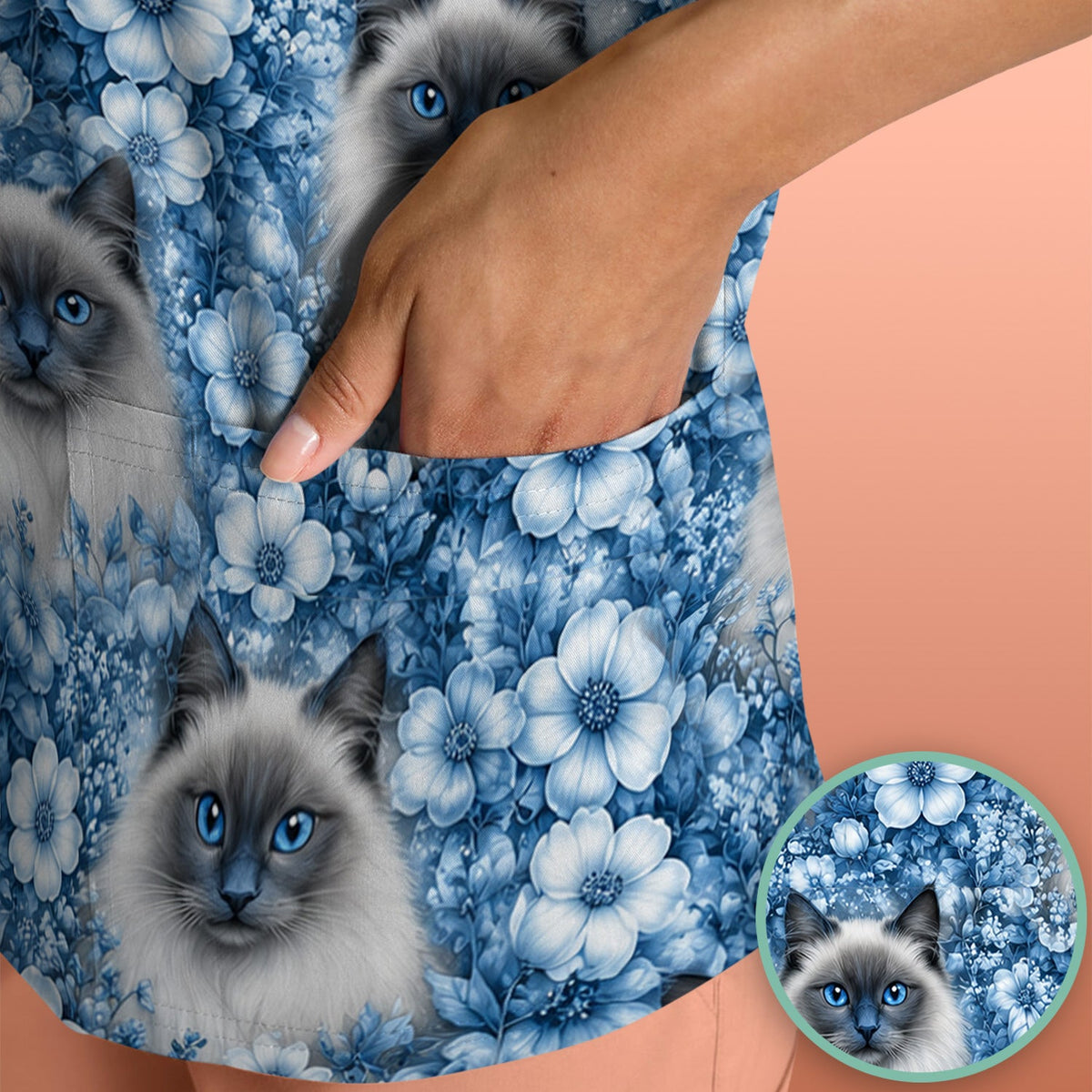 Blue Floral Ragdoll Cat Nurse Scrub Top