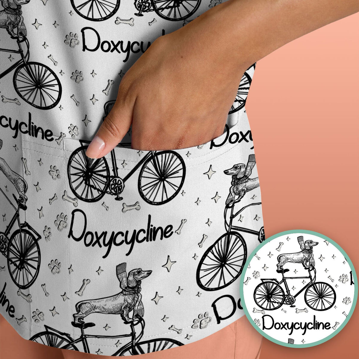 Funny Doxycycline Dog Bicycle Print Scrub Top, Comfortable Scrubs for Nurses