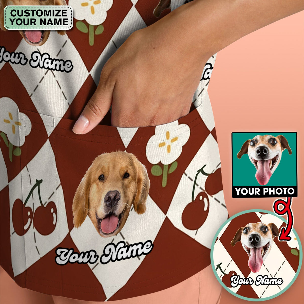 Dog Face Cherry Argyle Nurse Scrub Top