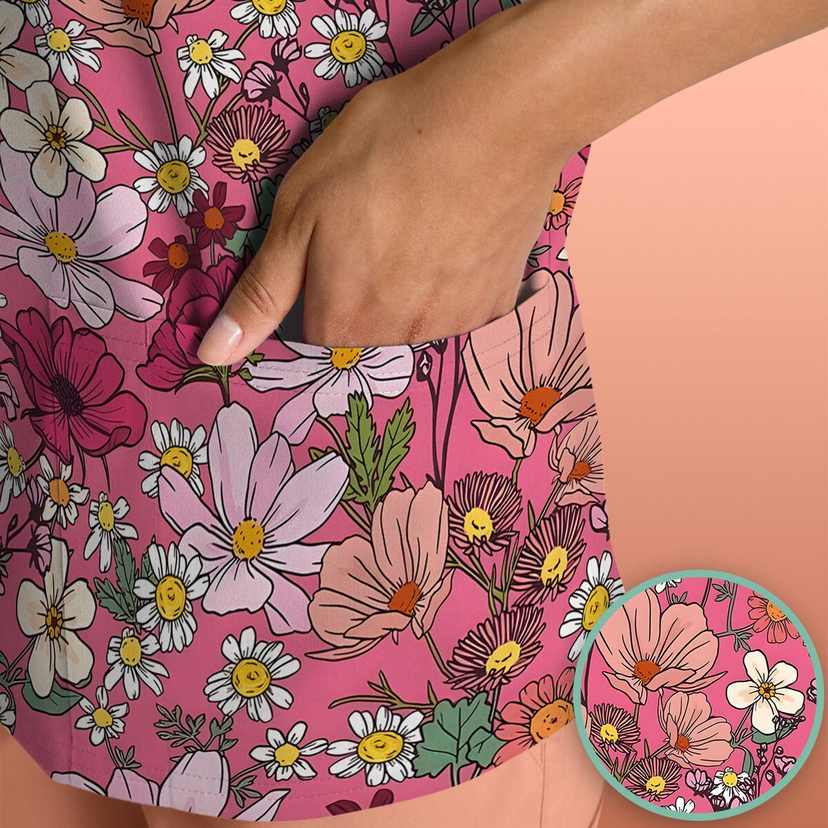 Pink Daisy Wildflower Nurse Scrub Top