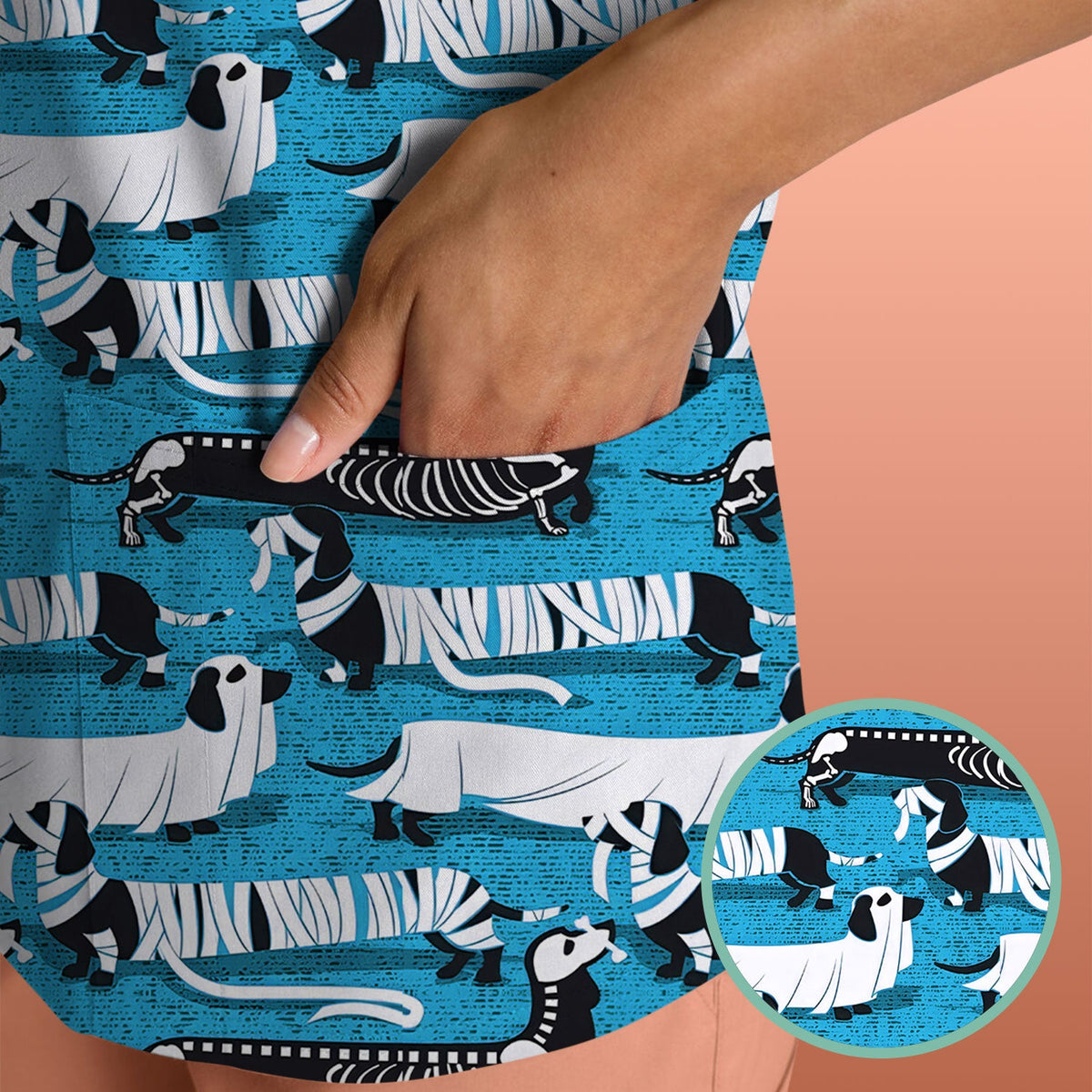 Halloween Dachshund Scrub Top - Funny Dog Skeleton Scrub Shirt Multi Color - Cute Halloween Scrubs Gift for Nurse, CNA, RN, Doctor