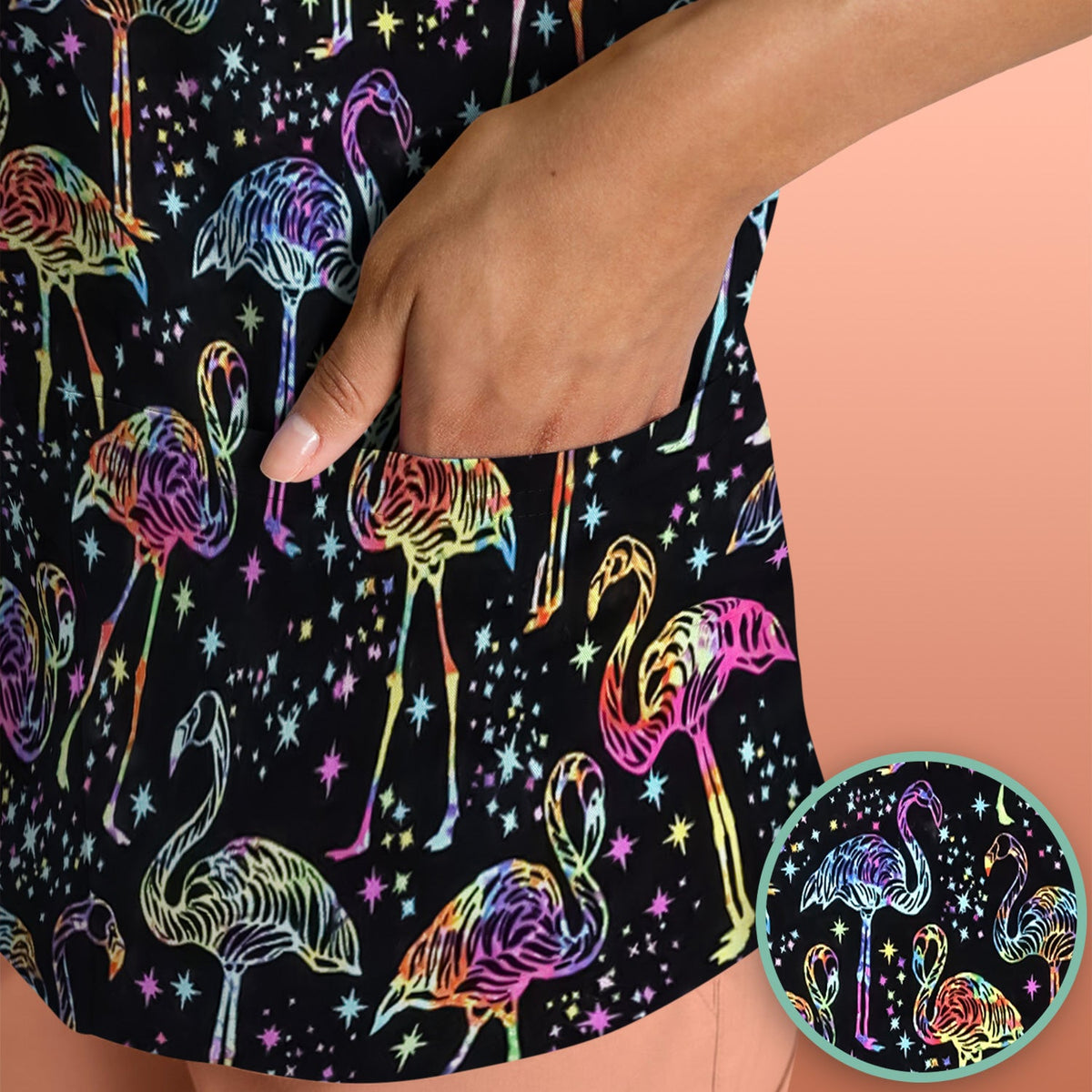 Neon Flamingo Starry Night Nurse Scrub Top