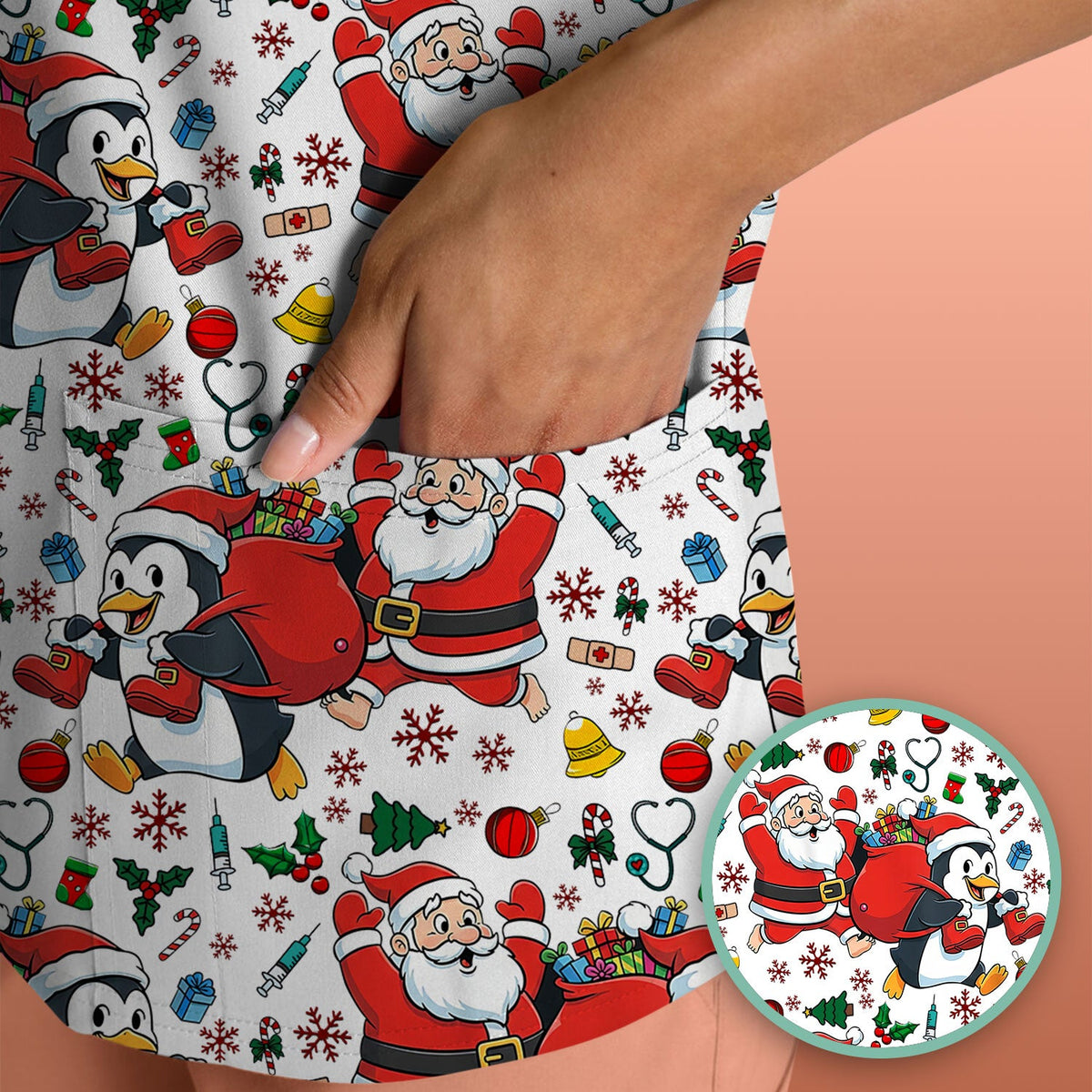 Penguin Santa Nurse Scrub Top - Christmas Gift