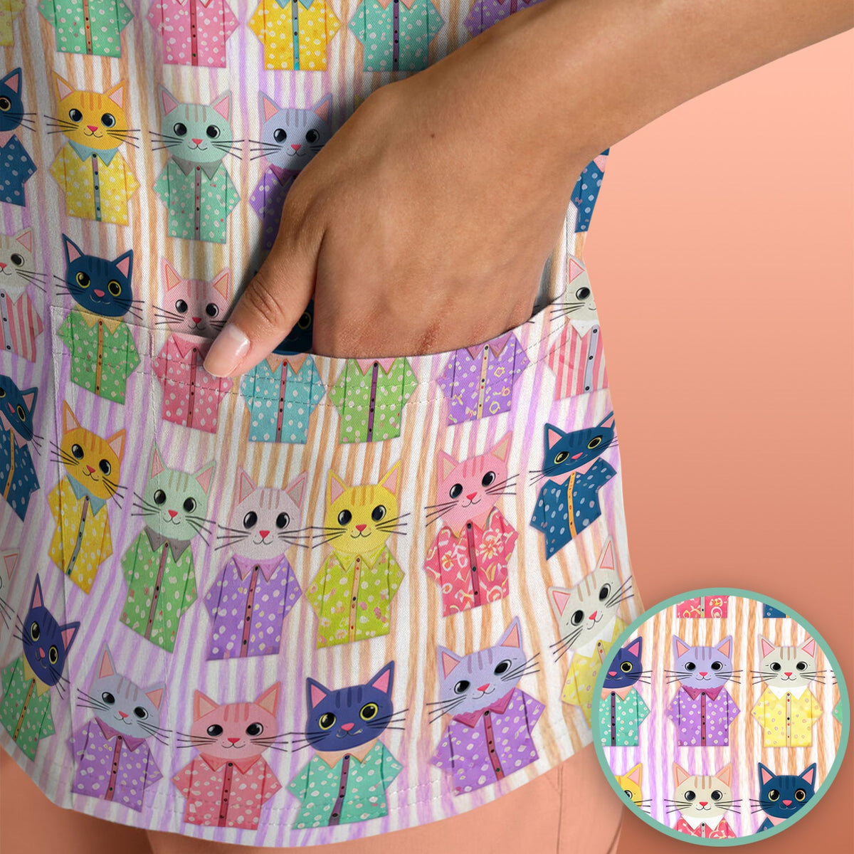 Cat Pajama Print Nurse Scrub Top