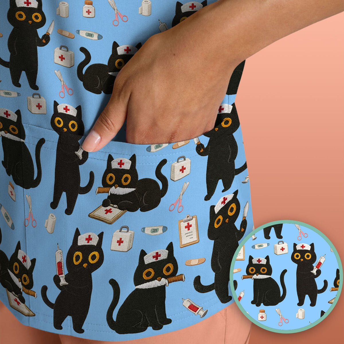 Cute Black Cat Nurse Scrub Top