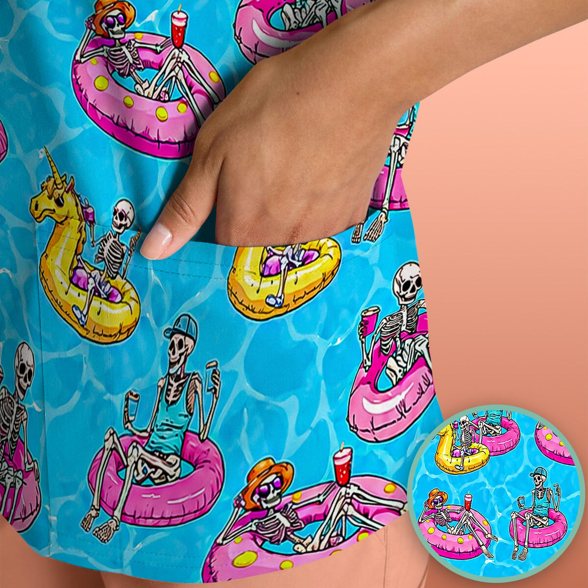 Summerween Skeleton Pool Float Nurse Scrub Top