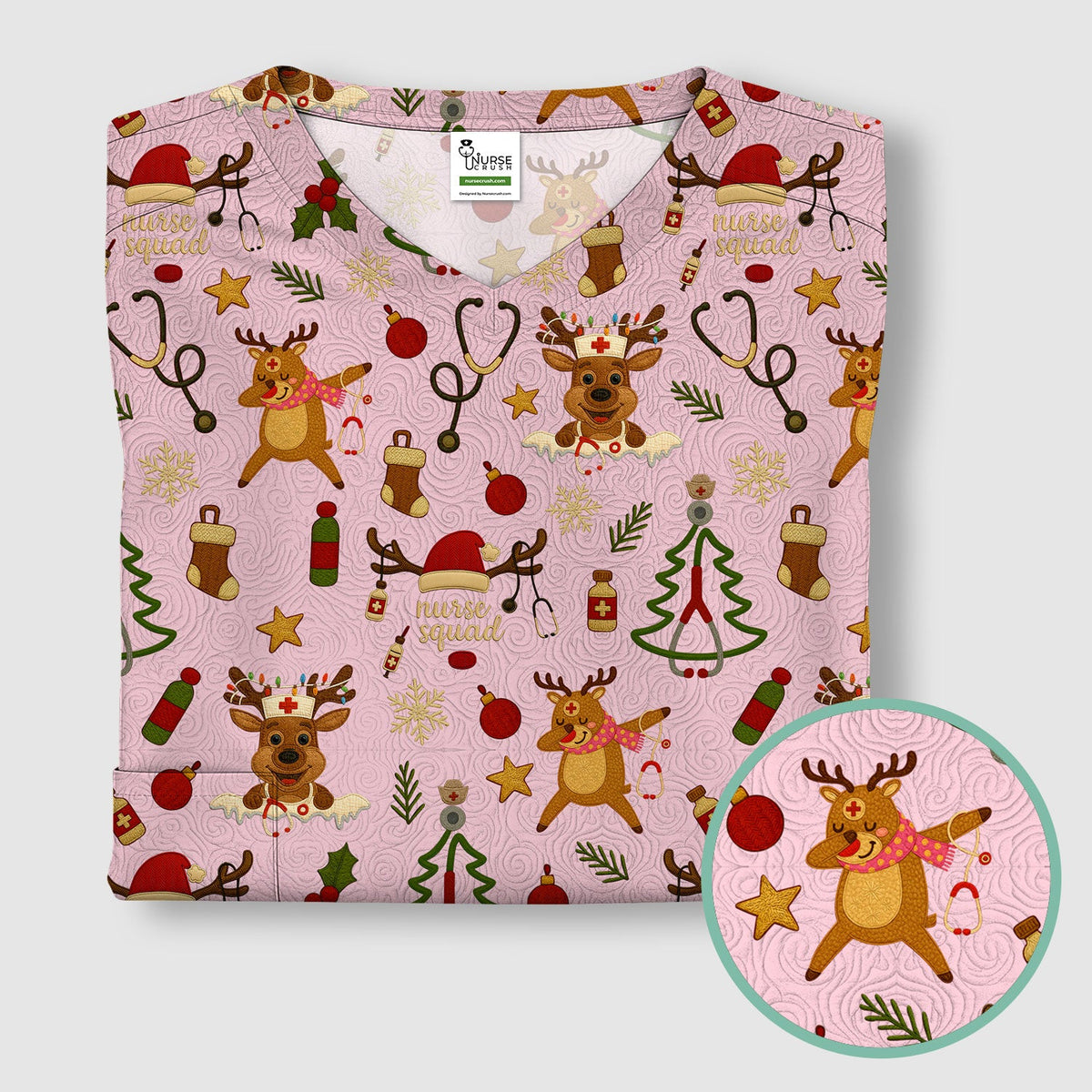 Christmas Reindeer Scrub Top - Cute Holiday Nurse Scrubs with Reindeer Print - Funny Xmas Medical Scrub Shirt Gift for Women CNA RN Doctor