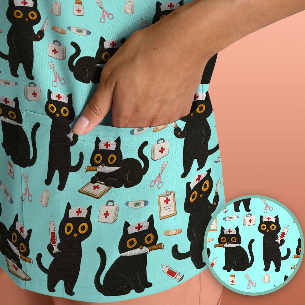 Cute Black Cat Nurse Scrub Top