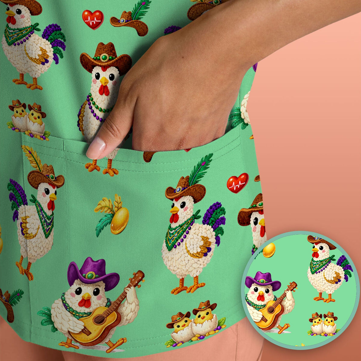 Mardi Gras Rooster Cowboy Nurse Scrub Top