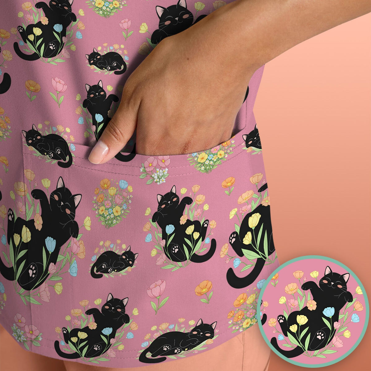 Cats Cute Poses Floral Nurse Scrub Top