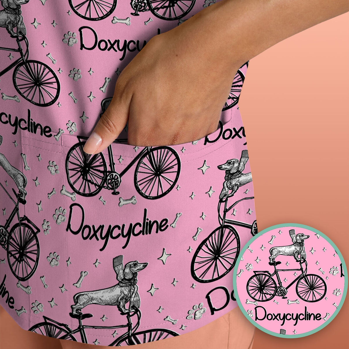 Funny Doxycycline Dog Bicycle Print Scrub Top, Comfortable Scrubs for Nurses