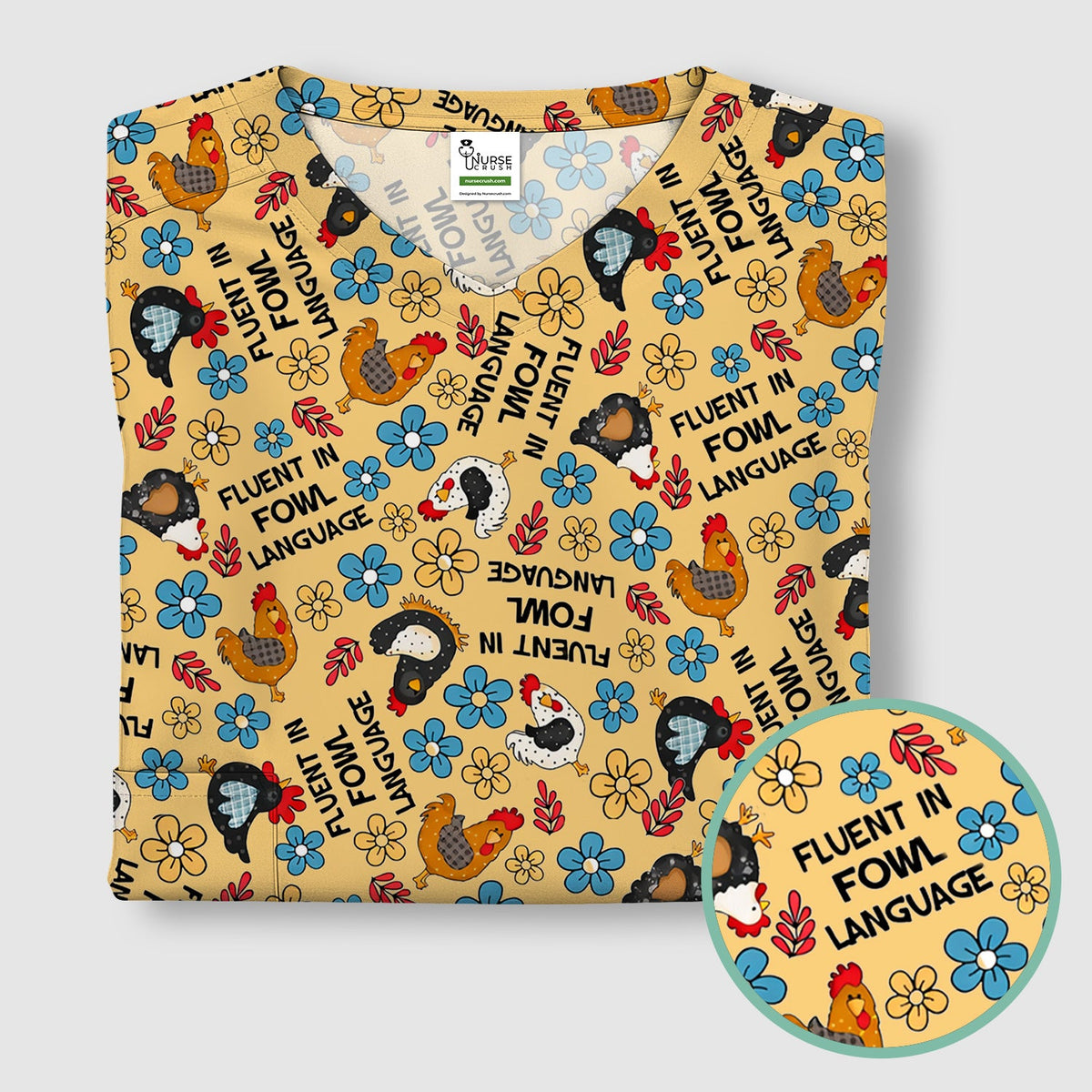 Funny Chicken Fluent in Fowl Language Pattern Scrub Top, Comfortable Scrubs for Nurses