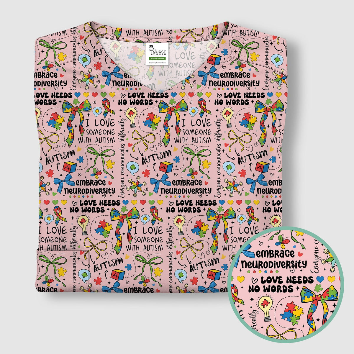 Autism Awareness Puzzle Ribbon Pastel Nurse Scrub Top
